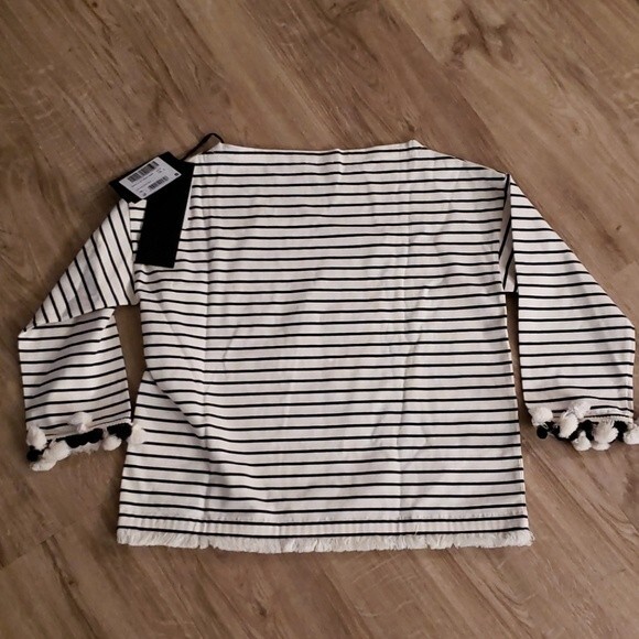 NWT Moncler Black Cream Stripe Feminine Luxury 3/4 Sleeve Cotton Top Size Small - Picture 4 of 5